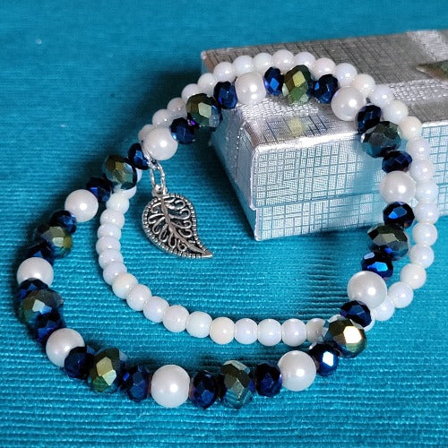 Blue Green White Beaded Double Wrist Wraps & Charm