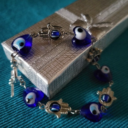 Blue & Silver Hamsa Evil Eye Bracelet