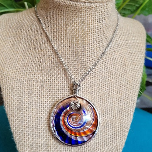 Silver, Turquoise, Green, Blue, Gold Swirls Glass Pendant Necklaces 24in / 61cm