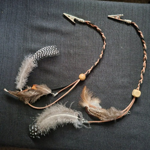 Braided & Straight Cut Suede Clip Ons with Feathers, Silver Charms