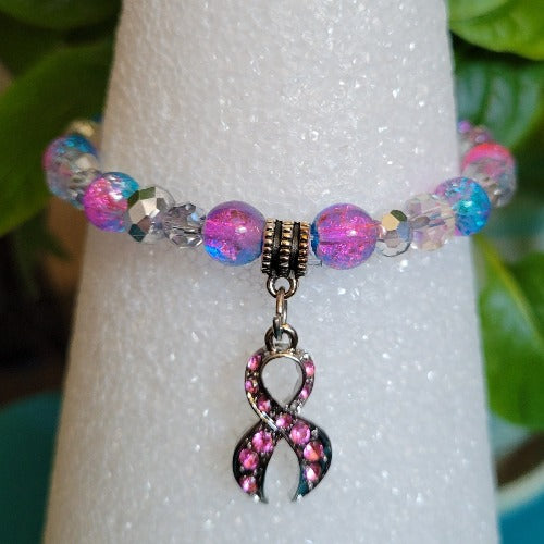 Breast Cancer Beaded Wrist Wraps Pink Rhinestones & Silver Ribbon Charm