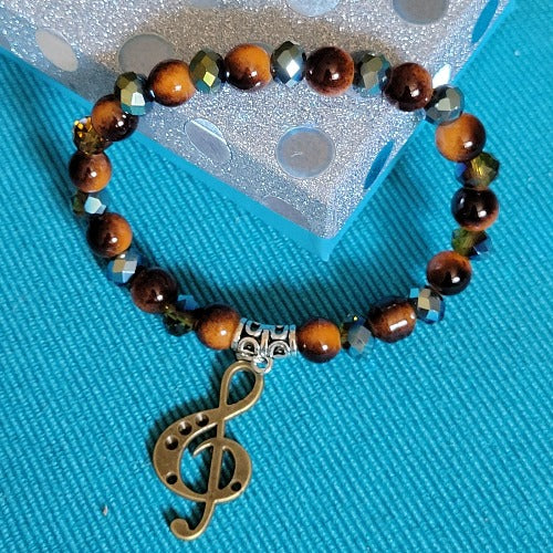 Brown, Bronze, Blue Beaded Elastic Wrist Wraps with Charms