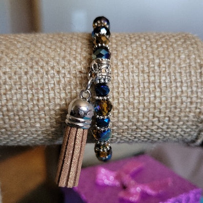 Brown, Bronze, Blue Beaded Elastic Wrist Wraps with Charms