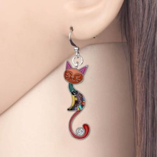 Silver Brown Green Red Cat Drop Earrings