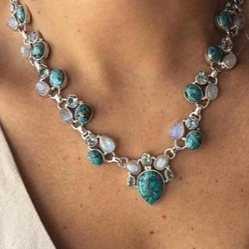 Turquoise Silver, White & Marine Stones Necklace