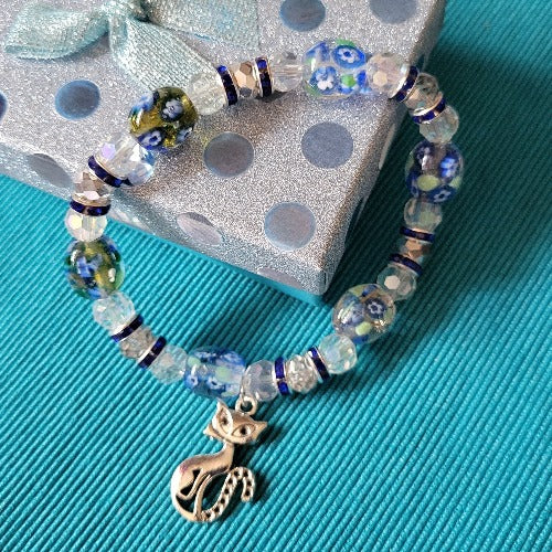 Blue Beaded Elastic Wrist Wrap Kitty Cat Charm