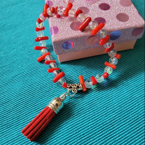 Clear & Red Beads with Red Tassel Elastic Bracelet