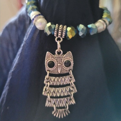 Dark Blue Green White Beads Silver Blue Dividers Owl Charm