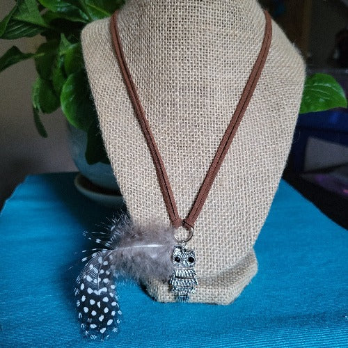 Black & Brown Suede Necklaces with Feather Charms, 69cm