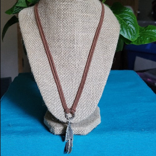 Black & Brown Suede Necklaces with Feather Charms, 69cm