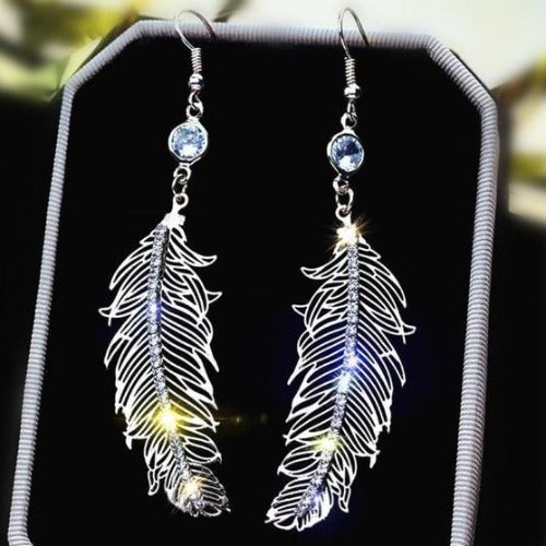 Stunning Silver & Rhinestone Faux Feather Earrings