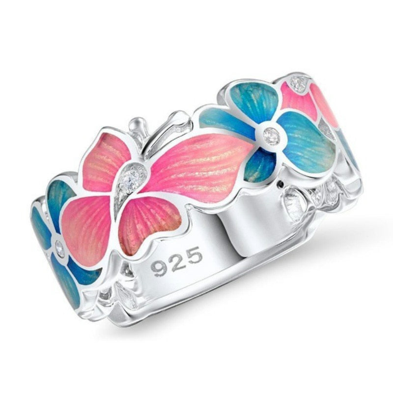 Exquisite Pink Blue Enamel Butterfly Ring
