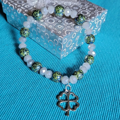 Blue Green Grey Beads and Pearls Wrist Wrap with Tassels