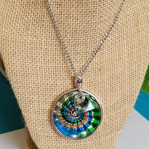 Silver, Turquoise, Green, Blue, Gold Swirls Glass Pendant Necklaces 24in / 61cm