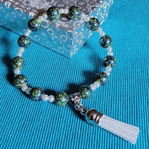 Blue Green Grey Beads and Pearls Wrist Wrap with Tassels