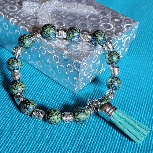 Blue Green Grey Beads and Pearls Wrist Wrap with Tassels