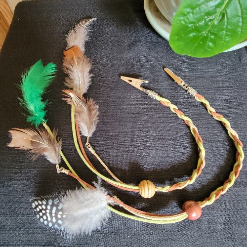 Multi-Colored Braided & Straight Cut Suede Clip On with Feathers, Charms