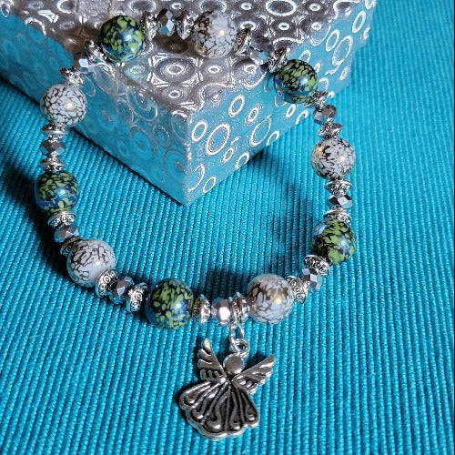 Blue Green Grey Beads and Pearls Wrist Wrap with Tassels