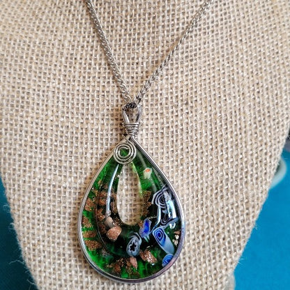 Silver, Turquoise, Green, Blue, Gold Swirls Glass Pendant Necklaces 24in / 61cm