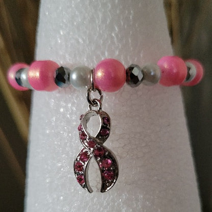 Breast Cancer Beaded Wrist Wraps Pink Rhinestones & Silver Ribbon Charm