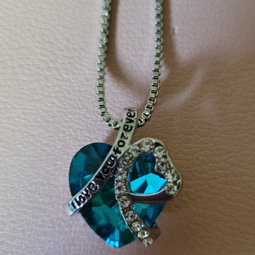 Silver & Turquoise Dark, Blue I Love You Forever Crystal Heart Necklaces Small & Medium