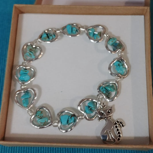 Silver Hearts Turquoise Stones Silver Cat Cham Elastic Wrist Wrap