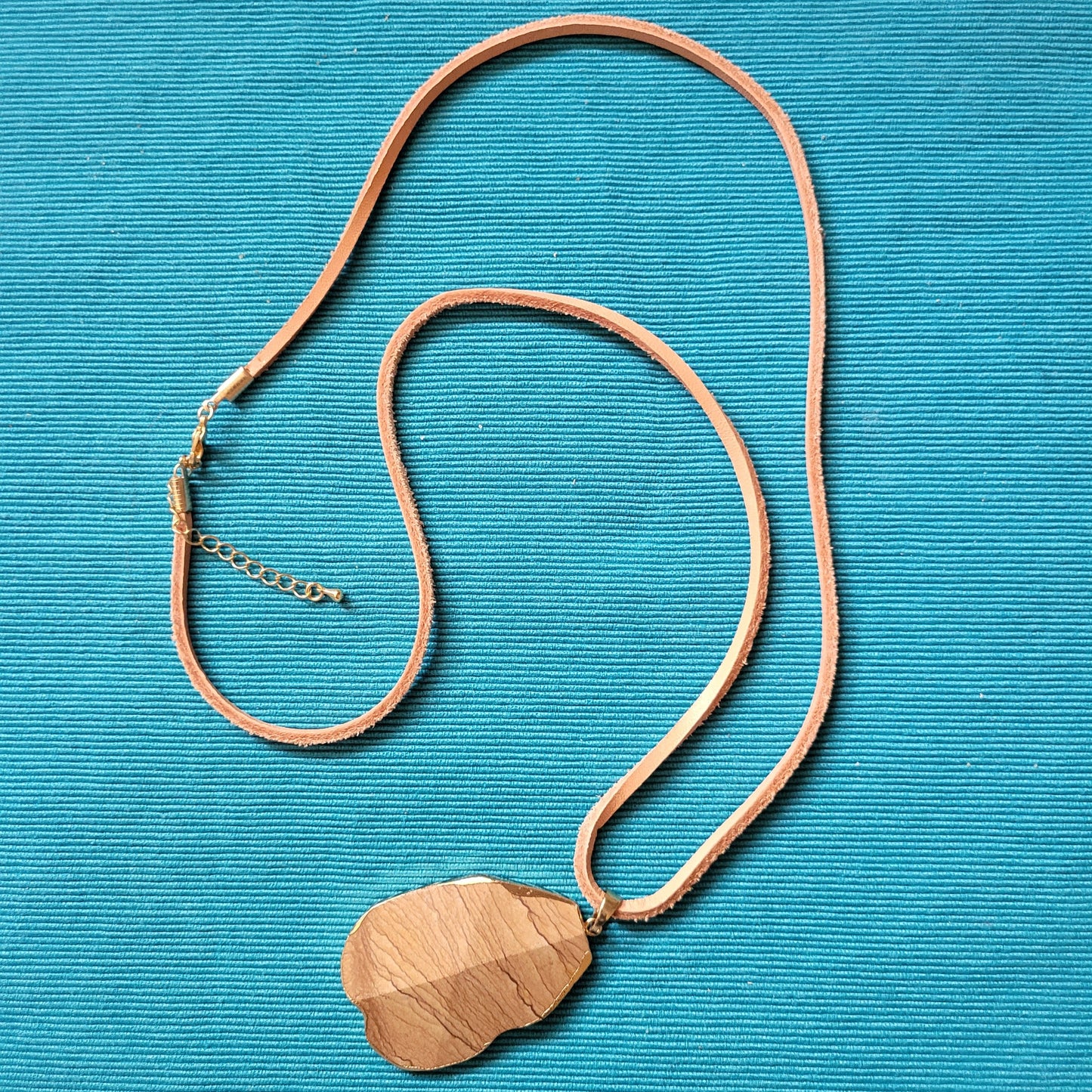 Brown Suede Necklace with Asymmetrical Faux Wood Pendant