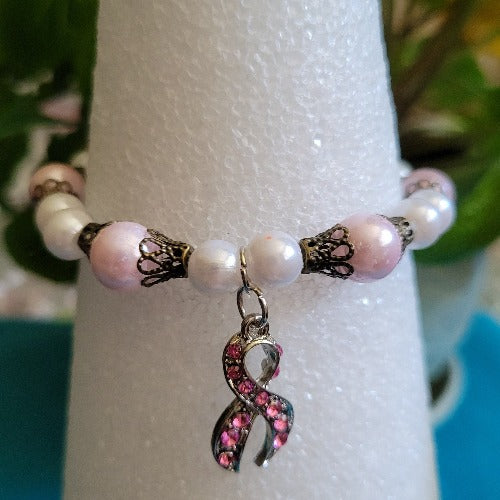 Breast Cancer Beaded Wrist Wraps Pink Rhinestones & Silver Ribbon Charm