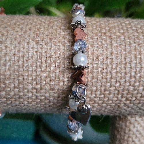 Pale Green Beads Bronze Hearts Silver Dividers with Charms