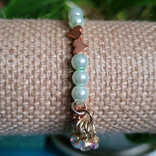 Pale Green Beads Bronze Hearts Silver Dividers with Charms