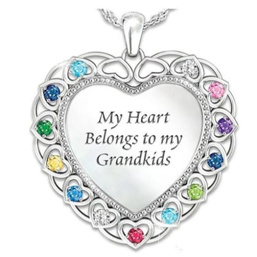 My Heart Belongs to My Grandkids Silver Heart with Rhinestone Necklace