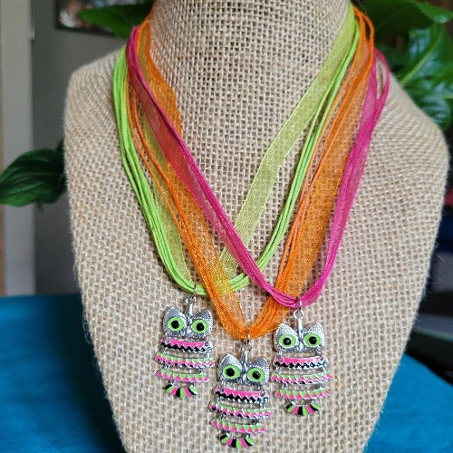 Neon Ribbon Necklaces with Pendants