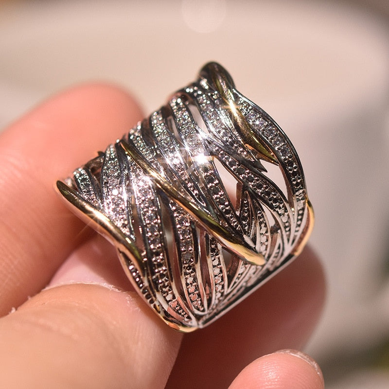 Silver & Gold Inlaid Crystal Zirconia Wide Band Ring