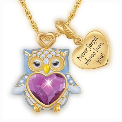 Owl, Purple Rhinestone Heart Never Forget Who Loves You Necklace