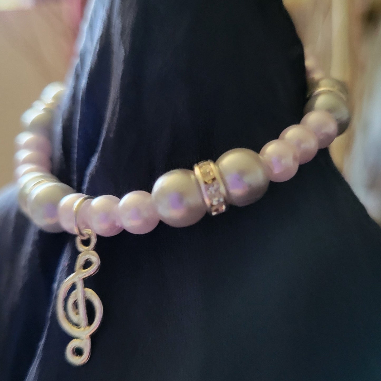 Pale Pink White Grey Beads Silver Dividers & Treble Clef Charm