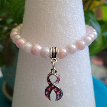 Breast Cancer Beaded Wrist Wraps Pink Rhinestones & Silver Ribbon Charm