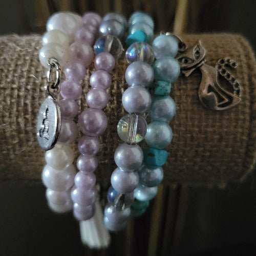 Pearlized Turquoise, Pink, Grey Beaded 4 Layer Wire Wrist Wrap with 3 Charms