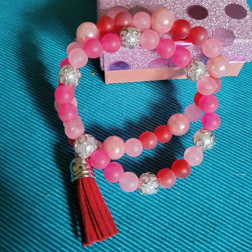 Pink Silver Elastic Wrist Wraps Set with Red Tassel