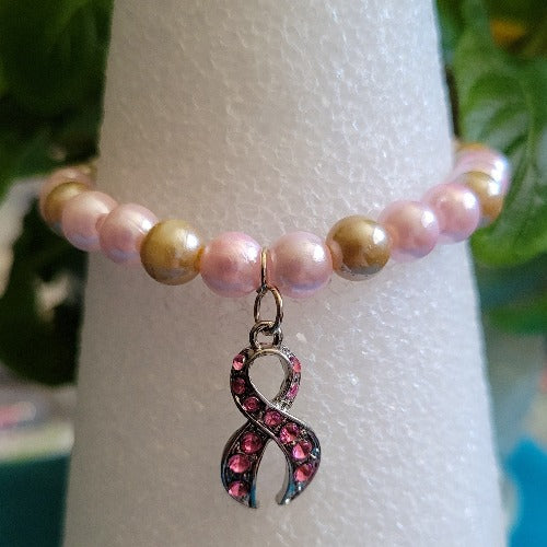 Breast Cancer Beaded Wrist Wraps Pink Rhinestones & Silver Ribbon Charm