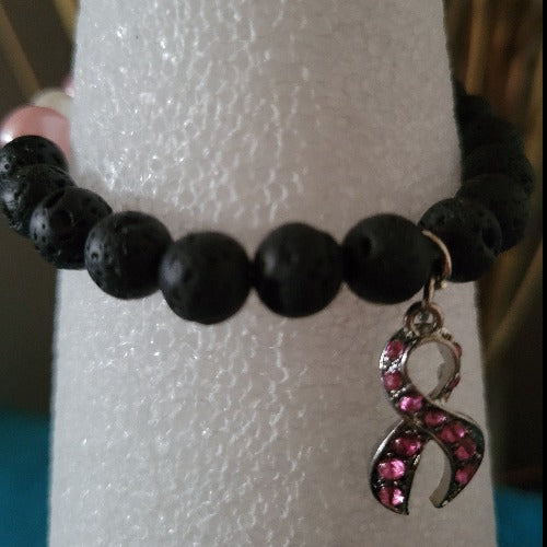 Breast Cancer Beaded Wrist Wraps Pink Rhinestones & Silver Ribbon Charm