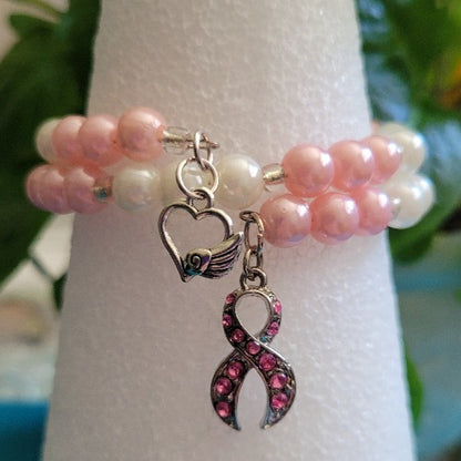 Breast Cancer Beaded Wrist Wraps Pink Rhinestones & Silver Ribbon Charm