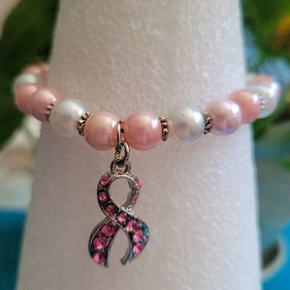 Breast Cancer Beaded Wrist Wraps Pink Rhinestones & Silver Ribbon Charm