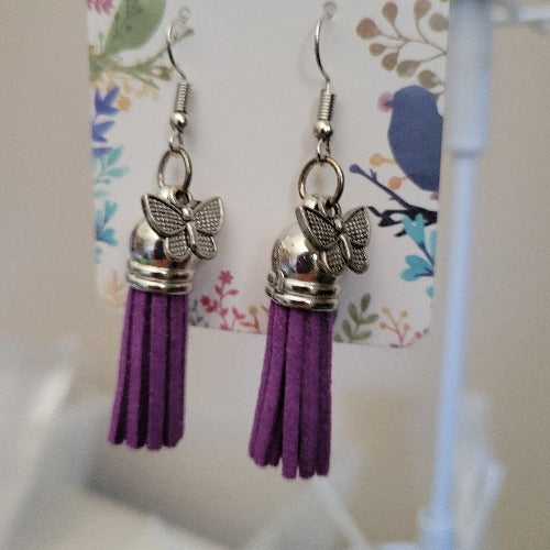 Rose Pink, Purple & Silver Butterfly Dangle Earrings