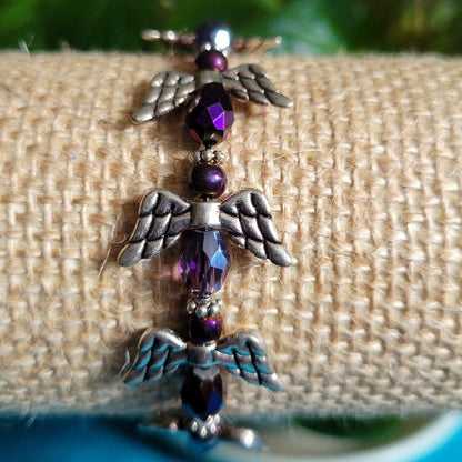 Blue Beaded Silver Dragonfly & Purple Silver Angel Bracelets