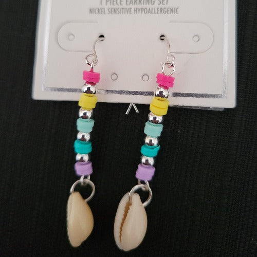 Rainbow Clay Earrings with Shell Dangle