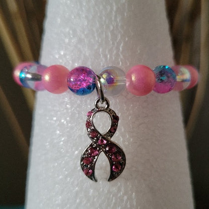 Breast Cancer Beaded Wrist Wraps Pink Rhinestones & Silver Ribbon Charm