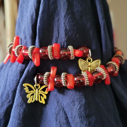 Clear & Red Beads with Red Tassel Elastic Bracelet