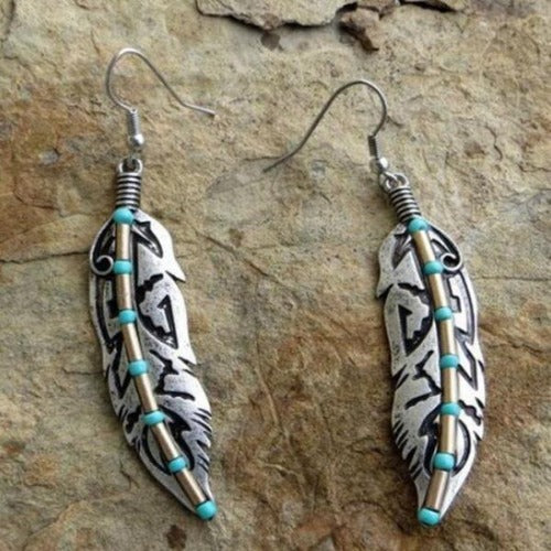 Retro Turquoise & Silver Feather Earrings