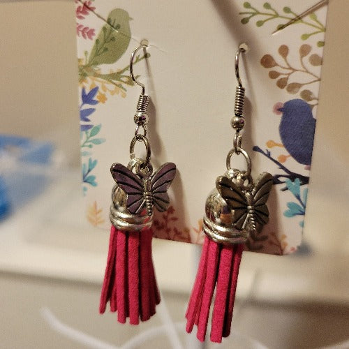 Rose Pink, Purple & Silver Butterfly Dangle Earrings