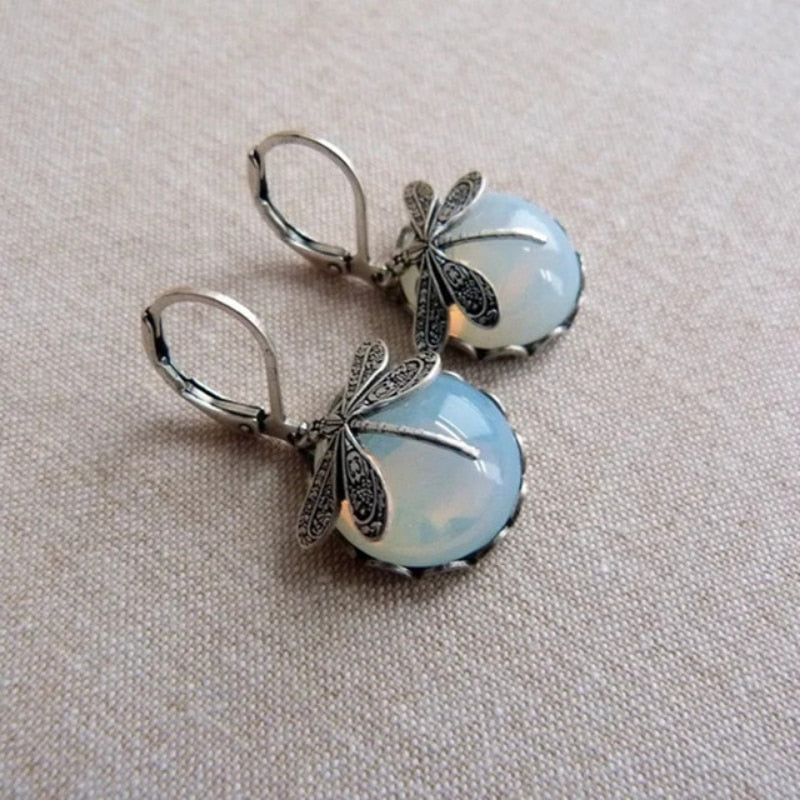 Vintage Bronze Dragonfly and Bee Earrings with Inlaid Moonstone